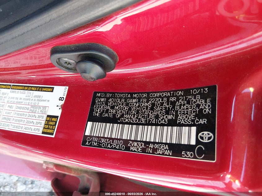2014 Toyota Prius VIN JTDKN3DU3E1741043 IAAI salvage auction — NORMAL WEAR, Salvage Title, sold $1,600 on 2026-07-06 (photo 9)