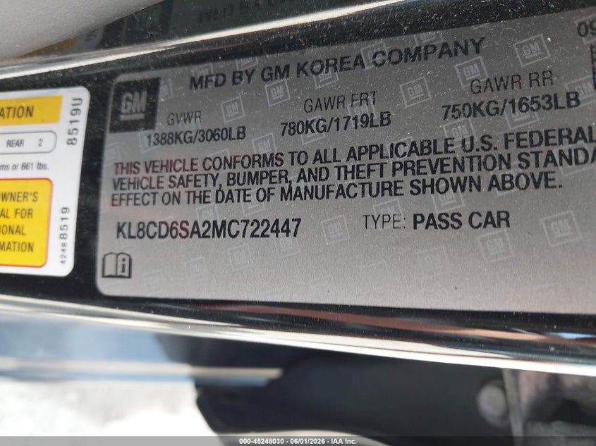 2021 Chevrolet Spark VIN KL8CD6SA2MC722447 IAAI salvage auction — FRONT END, Salvage Title, sold $525 on 2026-07-27 (photo 9)