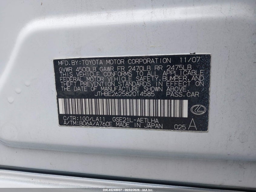 2008 Lexus Is 350 VIN JTHBE262582014585 IAAI salvage auction — RIGHT FRONT, Clear (Virginia), sold $950 on 2026-07-07 (photo 9)