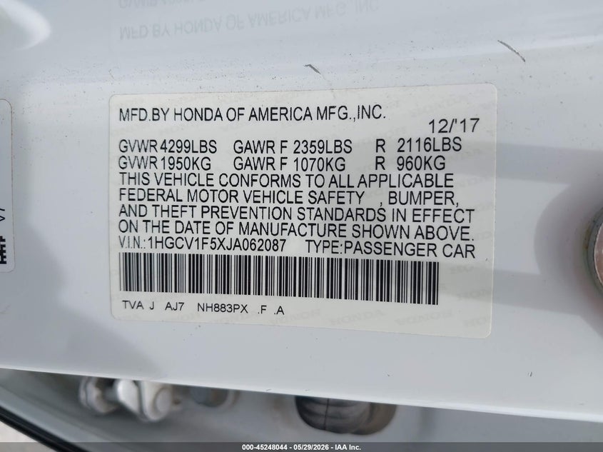 2018 Honda Accord VIN 1HGCV1F5XJA062087 IAAI salvage auction — RIGHT SIDE, Salvage Title, sold $5,200 on 2026-07-23 (photo 9)