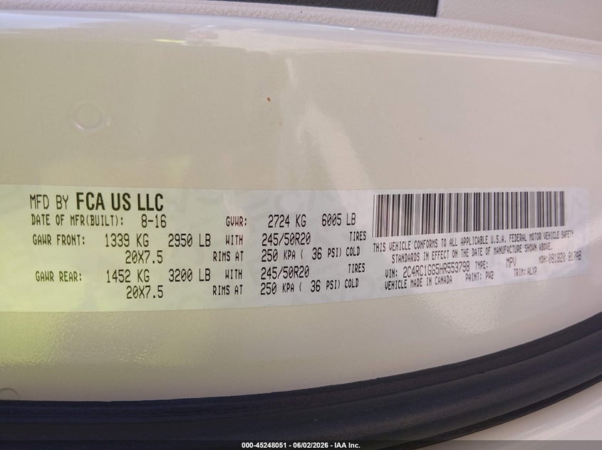 2017 Chrysler Pacifica VIN 2C4RC1GG5HR553798 IAAI salvage auction — REAR END, Salvage Title, sold $2,850 on 2026-07-11 (photo 9)