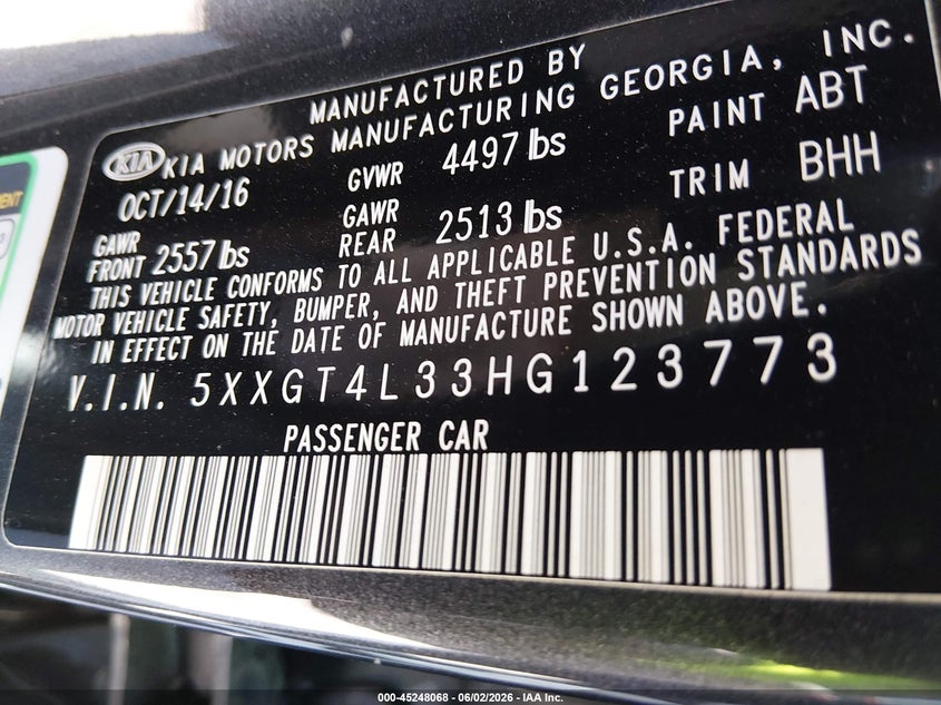 2017 Kia Optima VIN 5XXGT4L33HG123773 IAAI salvage auction — FRONT END, Salvage (Kentucky), sold $250 on 2026-07-29 (photo 9)