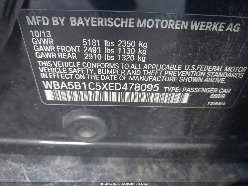 2014 BMW 5er VIN WBA5B1C5XED478095 IAAI salvage auction — NORMAL WEAR, Salvage Title, sold $1,100 on 2026-07-14 (photo 9)