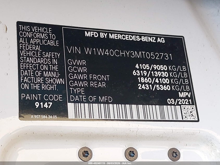 2021 Mercedes-benz Sprinter VIN W1W40CHY3MT052731 IAAI salvage auction — NORMAL WEAR, Clear (New Jersey), sold $3,100 on 2026-07-06 (photo 9)