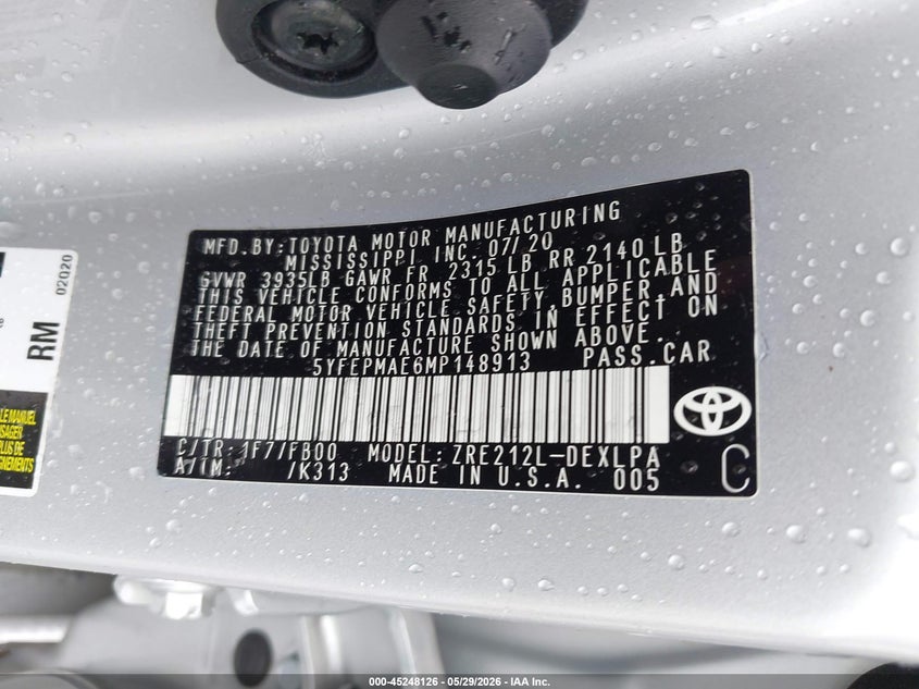 2021 Toyota Corolla VIN 5YFEPMAE6MP148913 IAAI salvage auction — RIGHT SIDE, Salvage Title, sold $5,600 on 2026-07-09 (photo 9)