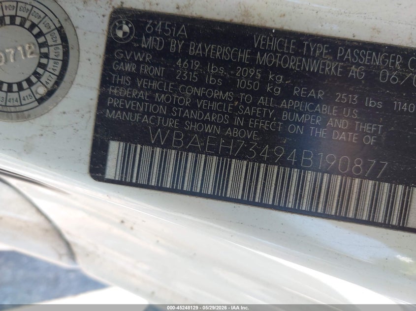 2004 BMW 6 series VIN WBAEH73494B190877 IAAI salvage auction — FRONT END, Clear (New York), sold $500 on 2026-07-14 (photo 9)