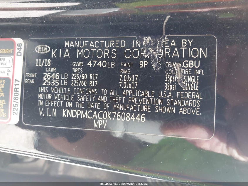 2019 Kia Sportage VIN KNDPMCAC0K7608446 IAAI salvage auction — THEFT, Salvage Title, sold $3,000 on 2026-07-16 (photo 9)
