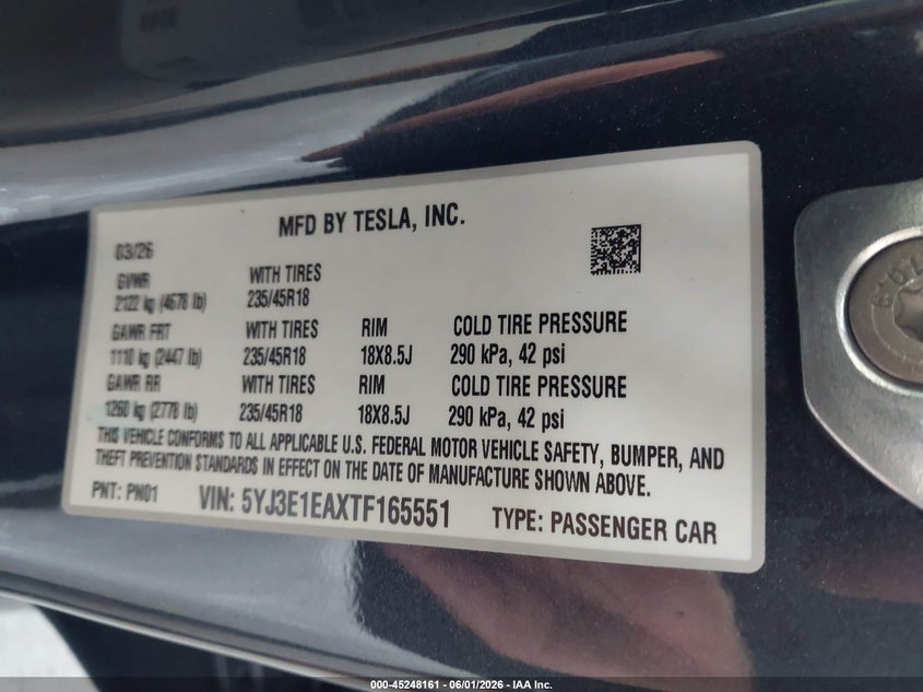 2026 Tesla Model 3 VIN 5YJ3E1EAXTF165551 IAAI salvage auction — FRONT END, Salvage Title, sold $10,750 on 2026-07-09 (photo 9)
