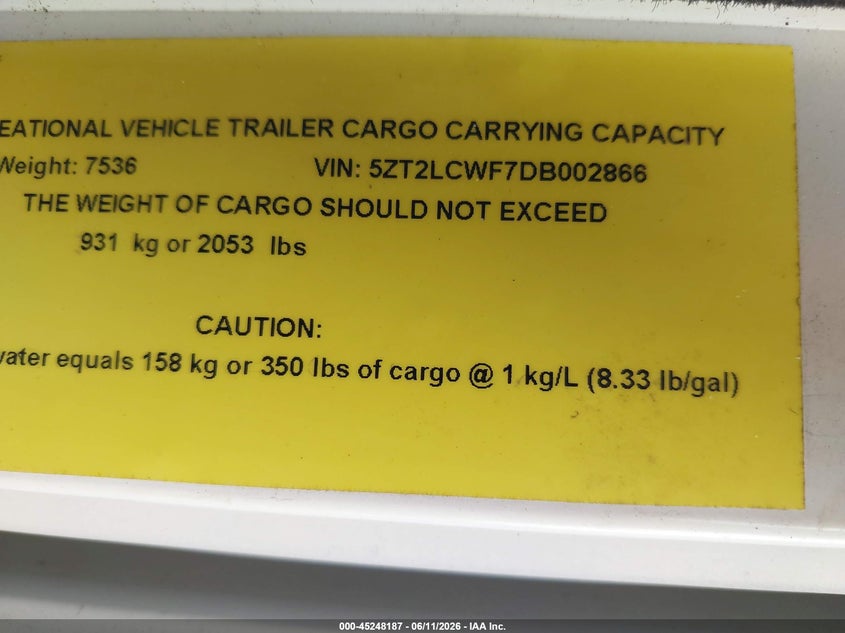 2013 Forest river Lacrosse VIN 5ZT2LCWF7DB002866 IAAI salvage auction — Unknown, Clear (Oklahoma), sold $625 on 2026-07-28 (photo 9)