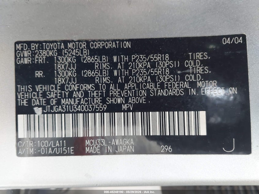 2004 Lexus Rx 330 VIN JTJGA31U340037559 IAAI salvage auction — FRONT END, Salvage (Texas), sold $975 on 2026-07-14 (photo 9)