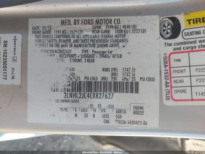 2012 Lincoln Mkz VIN 3LNHL2JC4CR827627 IAAI salvage auction — NORMAL WEAR, Clear (Wisconsin), sold $400 on 2026-07-10 (photo 9)