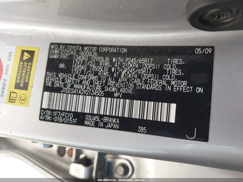 2009 Toyota Highlander VIN JTEES41A292134505 IAAI salvage auction — FRONT END, Salvage (Idaho), sold $1,600 on 2026-07-07 (photo 9)