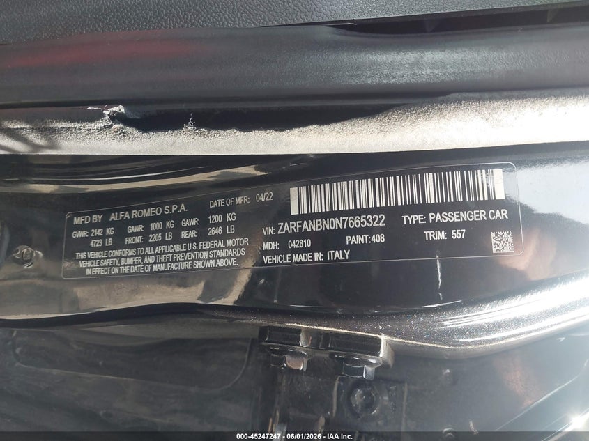 2022 Alfa romeo Giulia VIN ZARFANBN0N7665322 IAAI salvage auction — SIDE, Salvage Title, sold $4,450 on 2026-08-07 (photo 9)