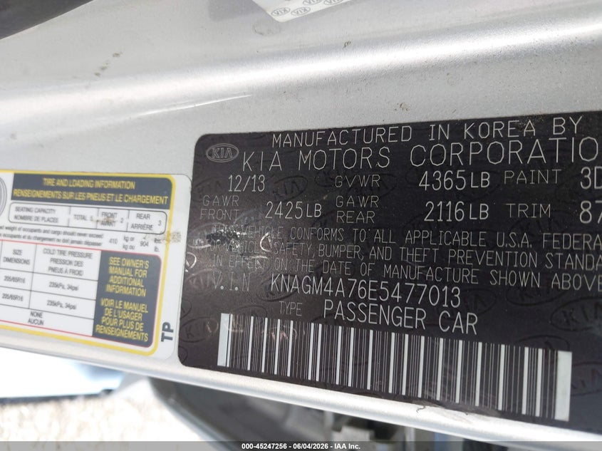 2014 Kia Optima VIN KNAGM4A76E5477013 IAAI salvage auction — THEFT, Salvage Title, sold $450 on 2026-07-17 (photo 9)