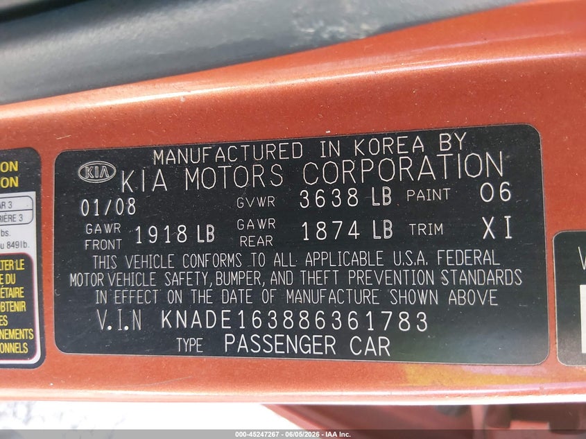 2008 Kia Rio VIN KNADE163886361783 IAAI salvage auction — NORMAL WEAR, Original (Kentucky), sold $225 on 2026-07-06 (photo 9)