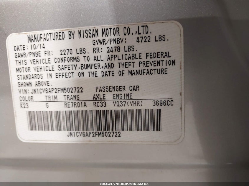 2015 Infiniti Q40 VIN JN1CV6AP2FM502722 IAAI salvage auction — FRONT END, Salvage Title, sold $775 on 2026-07-30 (photo 9)