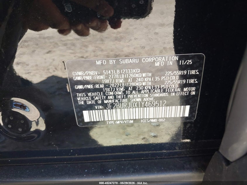 2026 Subaru Outback VIN JF2BURJDXTY469512 IAAI salvage auction — HAIL, Salvage Title, sold $27,300 on 2026-07-06 (photo 9)