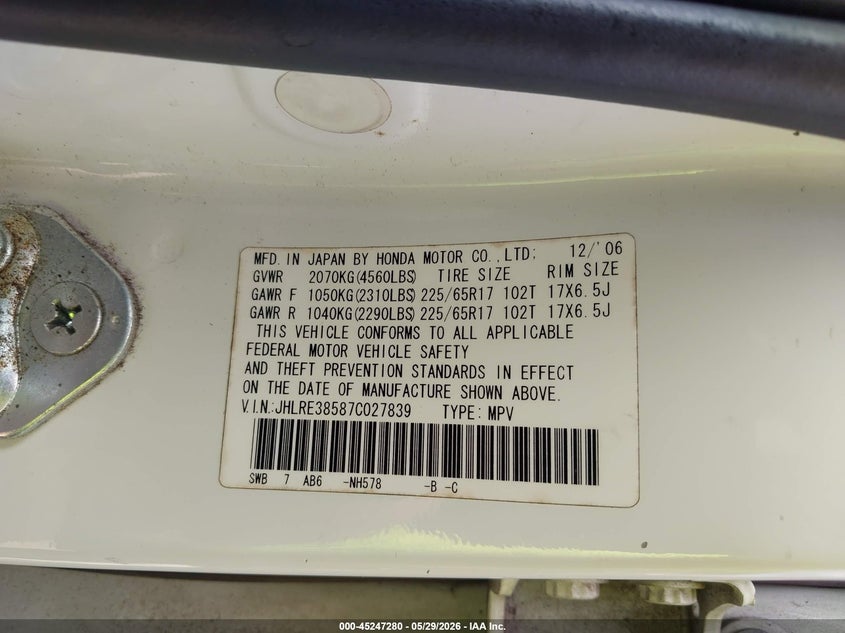 2007 Honda Cr-v VIN JHLRE38587C027839 IAAI salvage auction — FRONT END, Salvage (Texas), sold $1,250 on 2026-07-17 (photo 9)
