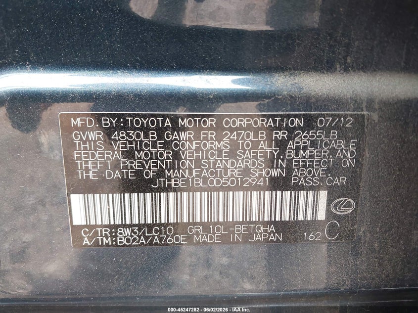 2013 Lexus Gs VIN JTHBE1BL0D5012941 IAAI salvage auction — FRONT END, Salvage (North Carolina), sold $25 on 2026-07-27 (photo 9)