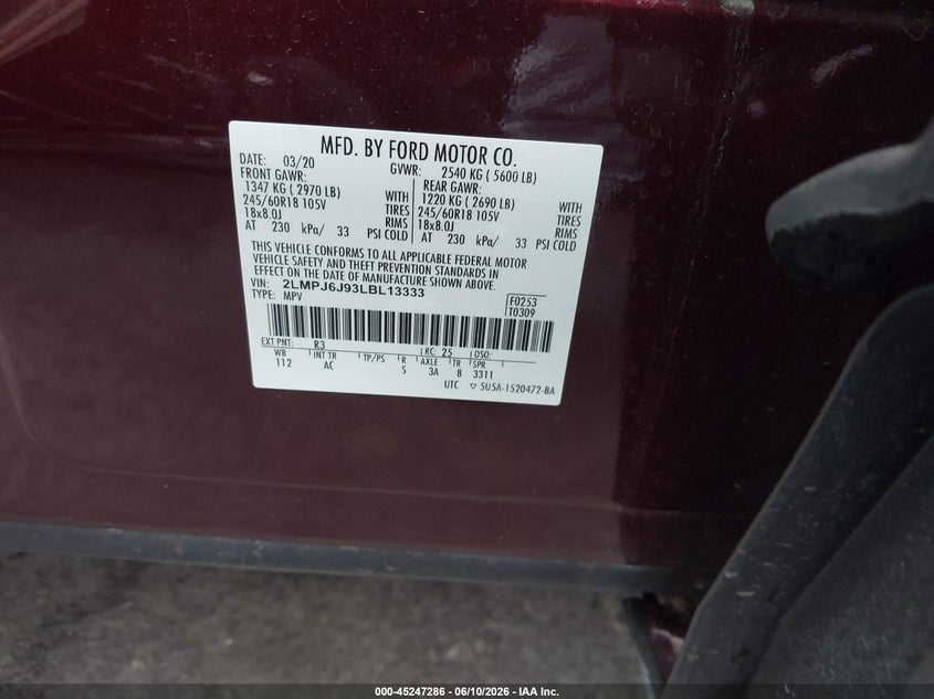 2020 Lincoln Nautilus VIN 2LMPJ6J93LBL13333 IAAI salvage auction — REAR END, Salvage (North Carolina), sold $10,750 on 2026-07-16 (photo 9)