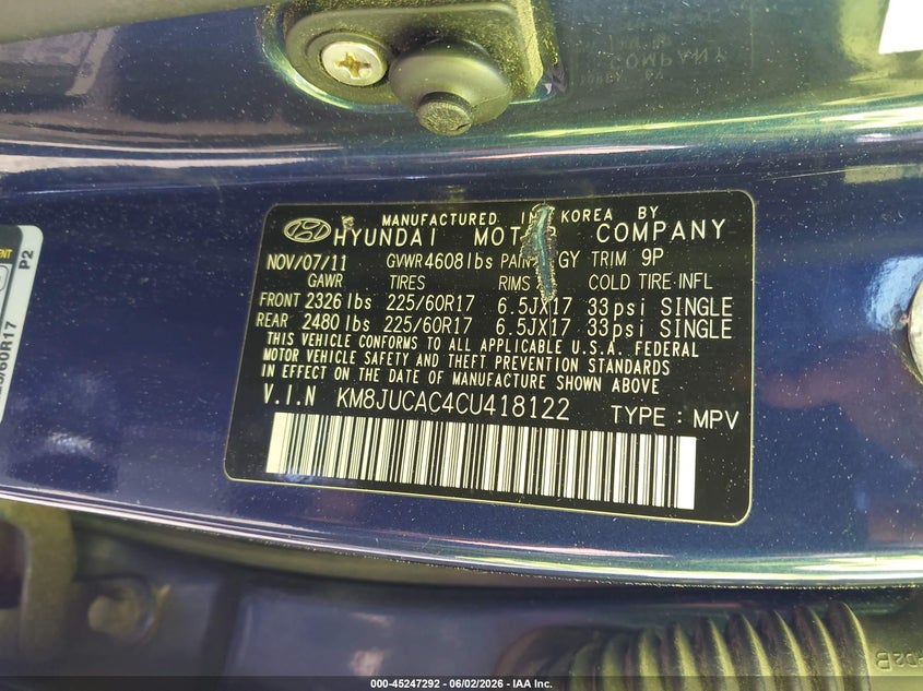 2012 Hyundai Tucson VIN KM8JUCAC4CU418122 IAAI salvage auction — FRONT END, Salvage Title, sold $1,400 on 2026-07-10 (photo 9)