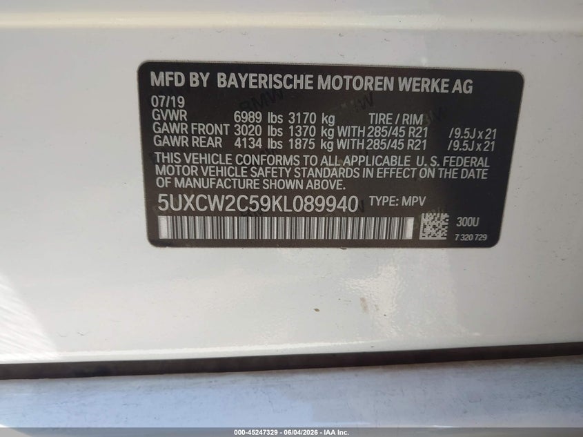 2019 BMW X7 VIN 5UXCW2C59KL089940 IAAI salvage auction — FRONT END, Salvage Title, sold $23,500 on 2026-07-19 (photo 9)