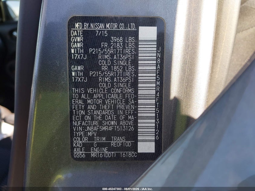2015 Nissan Juke VIN JN8AF5MR4FT513126 IAAI salvage auction — NORMAL WEAR, Clear-Dealer Only (Arizona), sold $1,200 on 2026-07-14 (photo 9)