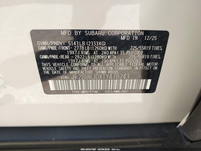 2026 Subaru Outback VIN JF2BURJDXTY478243 IAAI salvage auction — HAIL, Salvage Title, sold $28,500 on 2026-07-06 (photo 9)