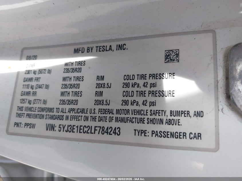 2020 Tesla Model 3 VIN 5YJ3E1EC2LF784243 IAAI salvage auction — LEFT SIDE, Salvage Title, sold $5,450 on 2026-07-09 (photo 9)