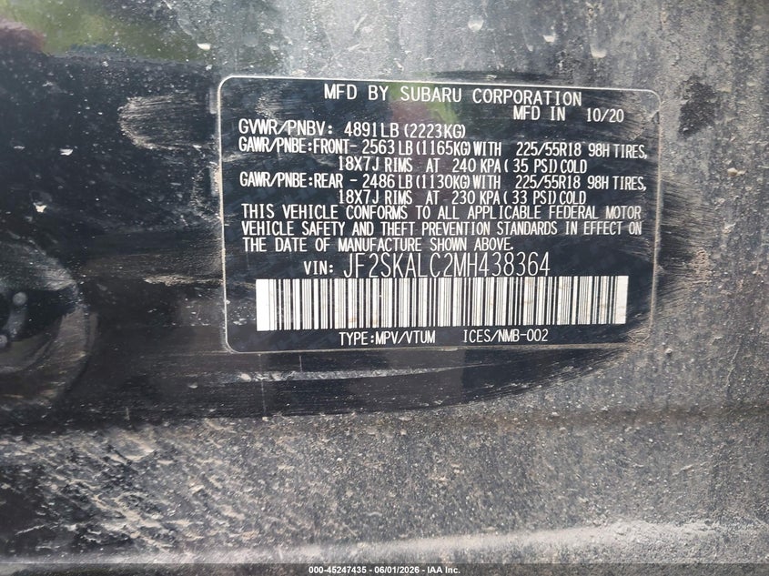 2021 Subaru Forester VIN JF2SKALC2MH438364 IAAI salvage auction — RIGHT FRONT, Salvage Title, sold $4,250 on 2026-07-17 (photo 9)