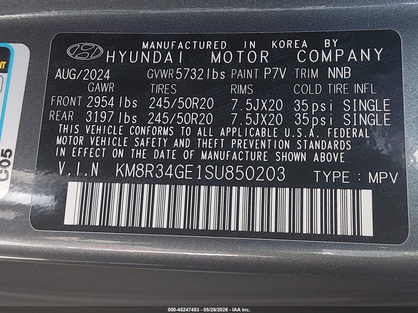 2025 Hyundai Palisade VIN KM8R34GE1SU850203 IAAI salvage auction — FRONT END, Salvage Title, sold $9,400 on 2026-07-29 (photo 9)