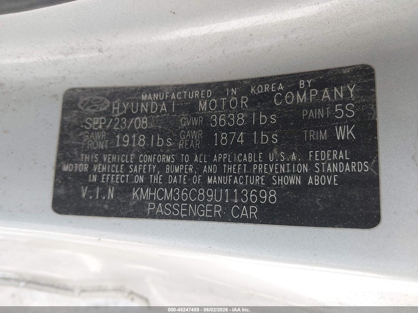 2009 Hyundai Accent VIN KMHCM36C89U113698 IAAI salvage auction — BIOHAZARD/CHEMICAL, Salvage (Ohio), sold $275 on 2026-07-20 (photo 9)