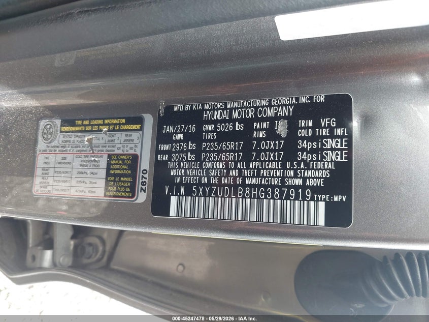 2017 Hyundai Santa fe VIN 5XYZUDLB8HG387919 IAAI salvage auction — FRONT END, Clear (Oklahoma), sold $2,250 on 2026-08-01 (photo 9)