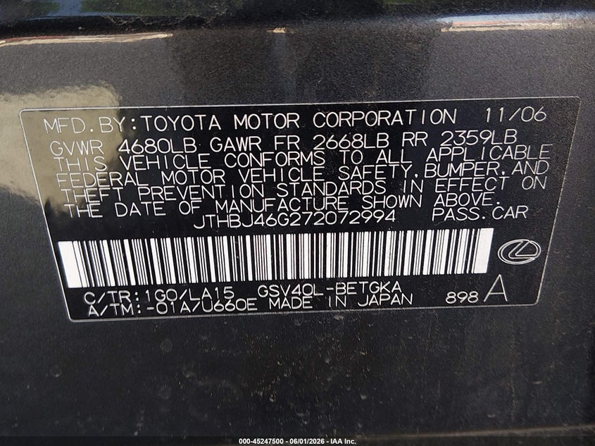 2007 Lexus ES VIN JTHBJ46G272072994 IAAI salvage auction — FRONT END, Salvage (Texas), sold $975 on 2026-07-07 (photo 9)