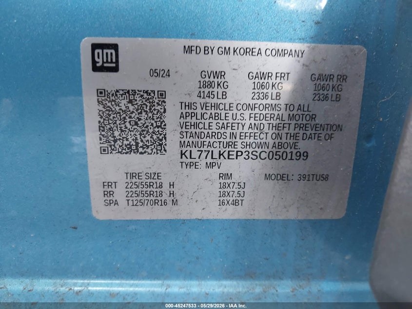 2025 Chevrolet Trax VIN KL77LKEP3SC050199 IAAI salvage auction — RIGHT FRONT, Salvage Title, sold $7,300 on 2026-07-27 (photo 8)