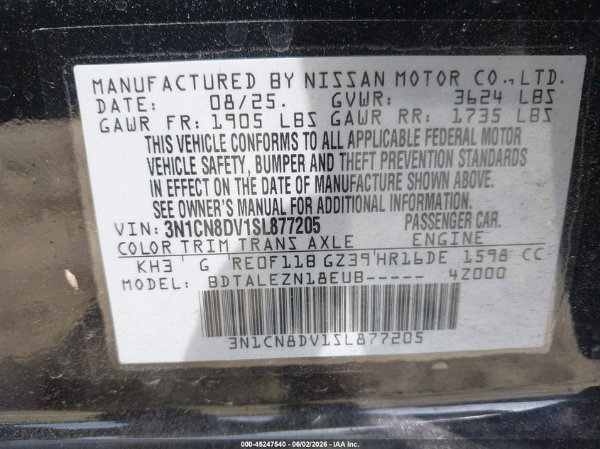 2025 Nissan Versa VIN 3N1CN8DV1SL877205 IAAI salvage auction — LEFT REAR, Salvage Title, sold $3,650 on 2026-07-30 (photo 9)