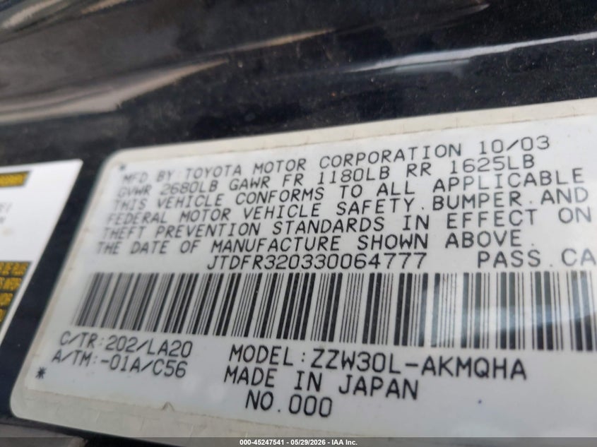 2003 Toyota Mr2 VIN JTDFR320330064777 IAAI salvage auction — NORMAL WEAR, Original (Texas), sold $1,300 on 2026-07-06 (photo 9)