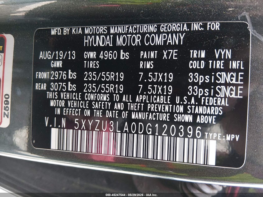2013 Hyundai Santa fe VIN 5XYZU3LA0DG120396 IAAI salvage auction — RIGHT SIDE, Clear (South Carolina), sold $1,700 on 2026-07-29 (photo 9)