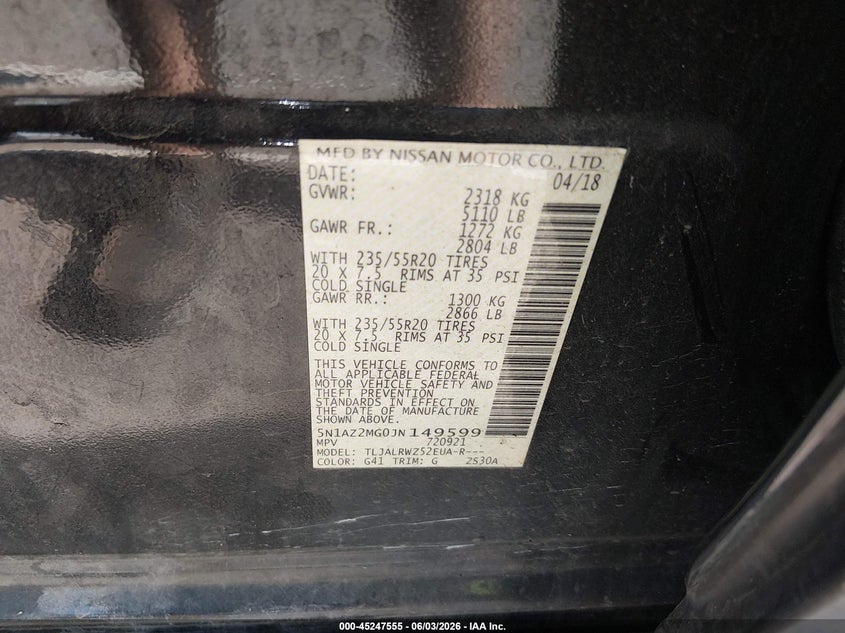 2018 Nissan Murano VIN 5N1AZ2MG0JN149599 IAAI salvage auction — FRONT END, Salvage Title, sold $1,550 on 2026-07-25 (photo 9)