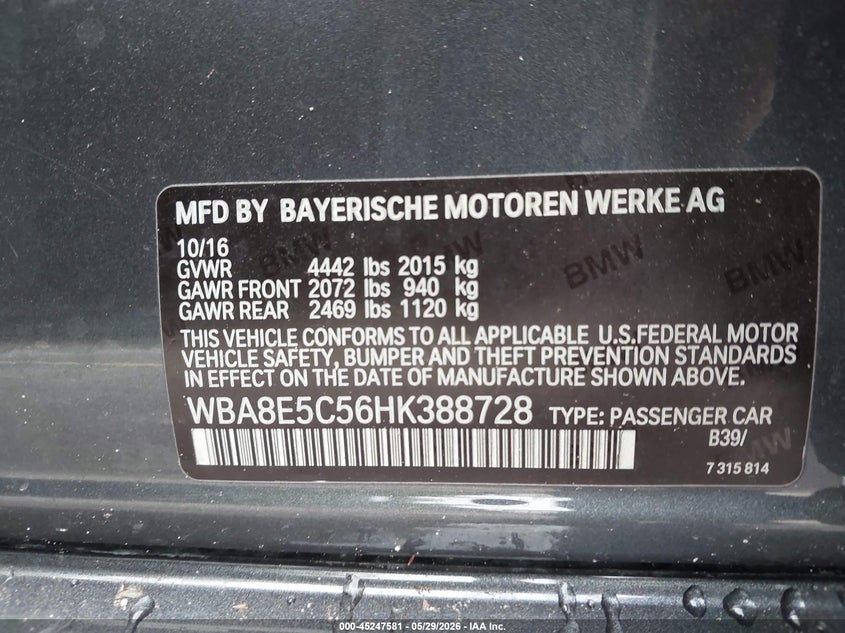2017 BMW 3er VIN WBA8E5C56HK388728 IAAI salvage auction — REAR END, Salvage Title, sold $2,050 on 2026-07-29 (photo 9)