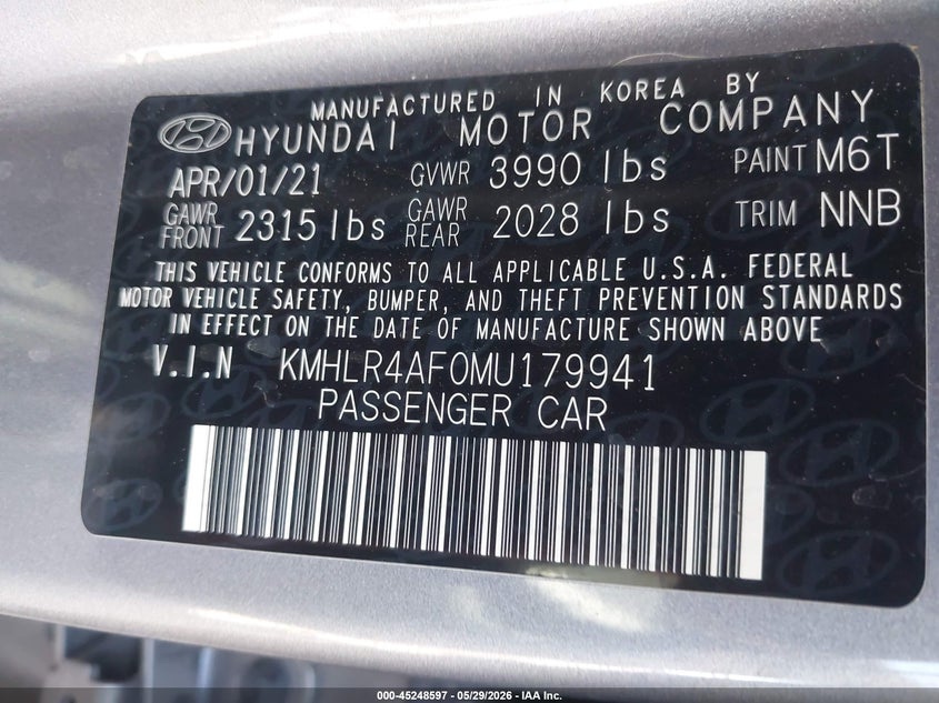 2021 Hyundai Elantra VIN KMHLR4AF0MU179941 IAAI salvage auction — LEFT FRONT, Salvage Title, sold $3,050 on 2026-07-21 (photo 9)