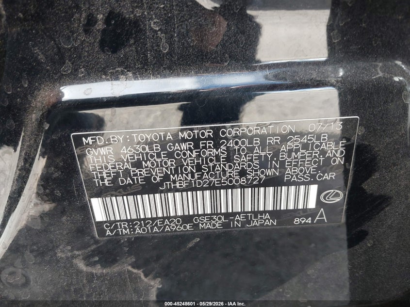 2014 Lexus Is VIN JTHBF1D27E5008727 IAAI salvage auction — LEFT SIDE, Salvage Title, sold $3,550 on 2026-07-09 (photo 9)