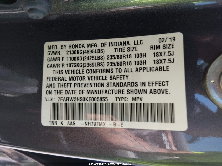 2019 Honda Cr-v VIN 7FARW2H50KE005855 IAAI salvage auction — LEFT SIDE, Salvage Title, sold $7,500 on 2026-07-14 (photo 9)