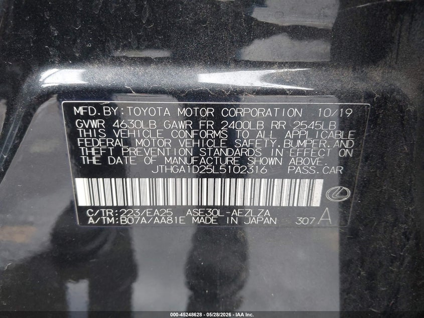 2020 Lexus VIN JTHGA1D25L5102316 IAAI salvage auction — NORMAL WEAR, Salvage (California), sold $5,100 on 2026-07-20 (photo 9)