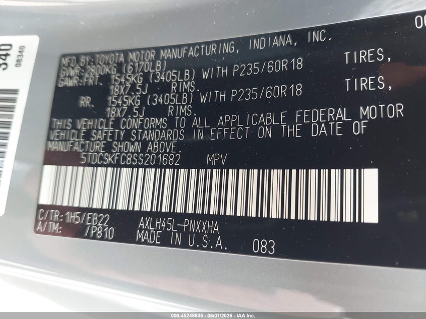 2025 Toyota Sienna VIN 5TDCSKFC8SS201682 IAAI salvage auction — REAR END, Salvage (Virginia), sold $17,000 on 2026-07-30 (photo 9)