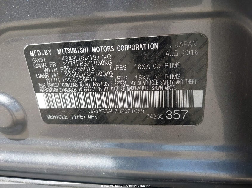 2017 Mitsubishi Outlander VIN JA4AR3AU3HZ001089 IAAI salvage auction — FRONT END, Salvage Title, sold $3,400 on 2026-07-08 (photo 9)