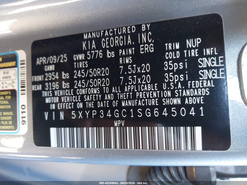 2025 Kia Telluride VIN 5XYP34GC1SG645041 IAAI salvage auction — FRONT END, Salvage Title, sold $10,700 on 2026-07-28 (photo 9)