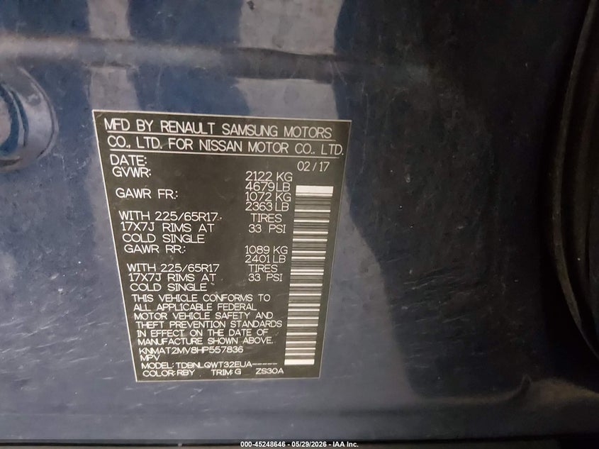 2017 Nissan Rogue VIN KNMAT2MV8HP557836 IAAI salvage auction — REAR END, Salvage (Minnesota), sold $1,375 on 2026-07-28 (photo 9)