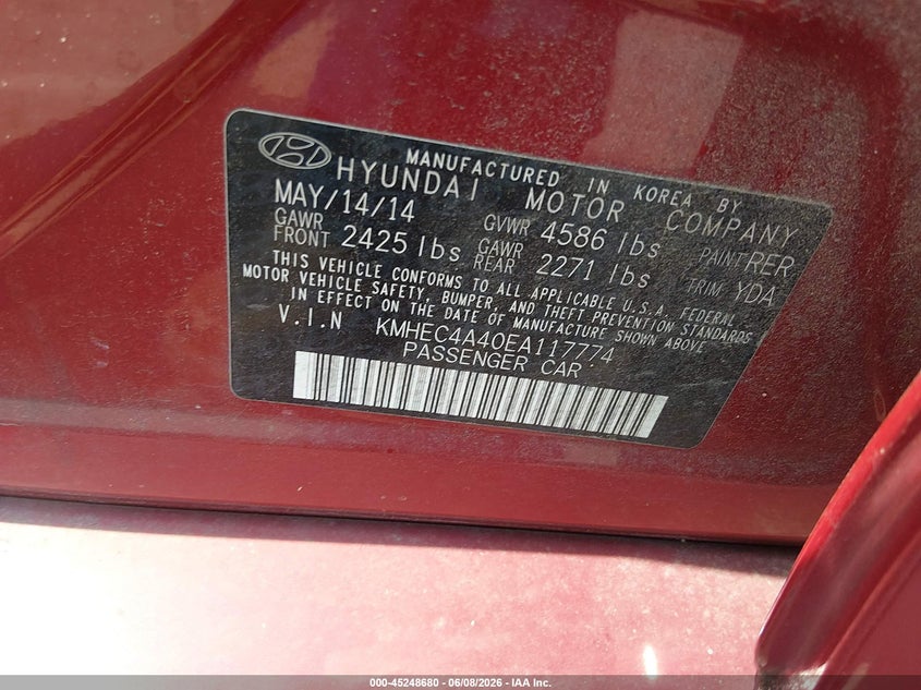 2014 Hyundai Sonata VIN KMHEC4A40EA117774 IAAI salvage auction — LEFT SIDE, Salvage Title, sold $1,300 on 2026-07-15 (photo 9)