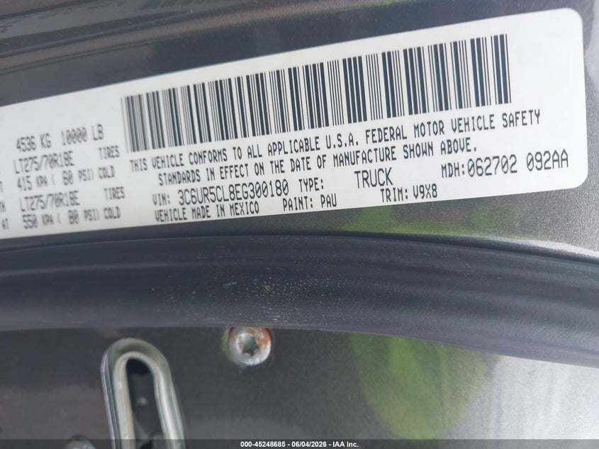 2014 Ram 2500 VIN 3C6UR5CL8EG300180 IAAI salvage auction — UNKNOWN, Salvage Title, sold $9,700 on 2026-07-28 (photo 9)